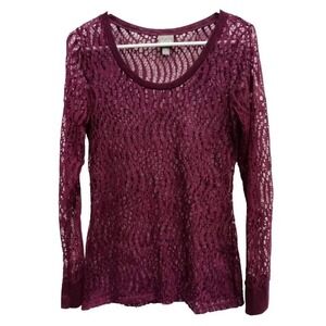 Y2K Vanity Essentials Lace Top Women M Burgundy Long Sleeve Sheer Boho